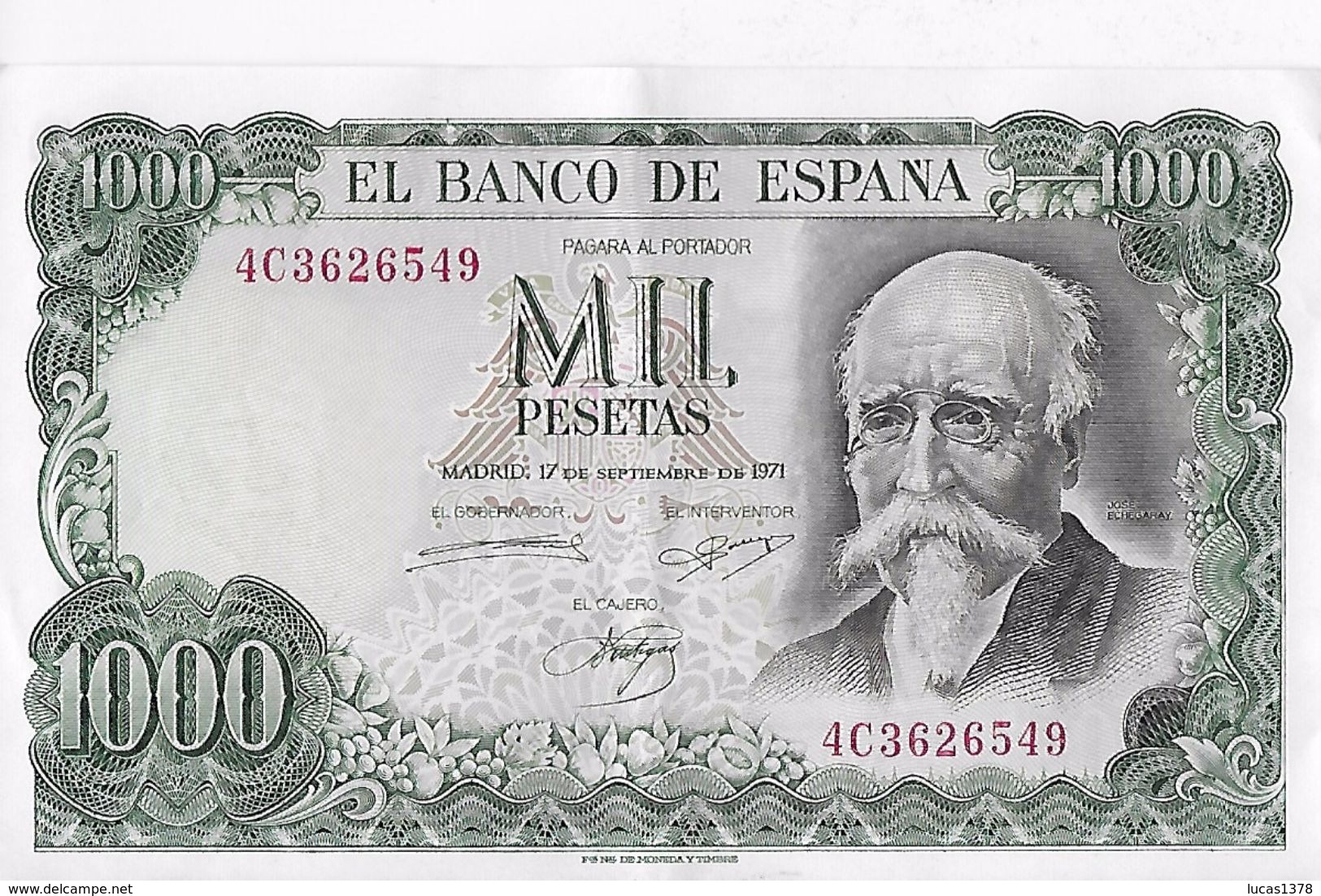 Billet : ESPAGNE . MIL 1000 PESETAS . 17/09/1971 . SERIE N° 4C3626549 / ETAT PROCHE DU NEUF - 1000 Pesetas