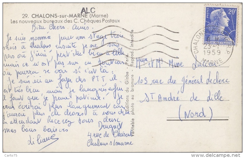 Poste - Poste Et Télégraphes - Châlons Sur Marne - Hôtel Des Postes  - 1959 - Postal Services