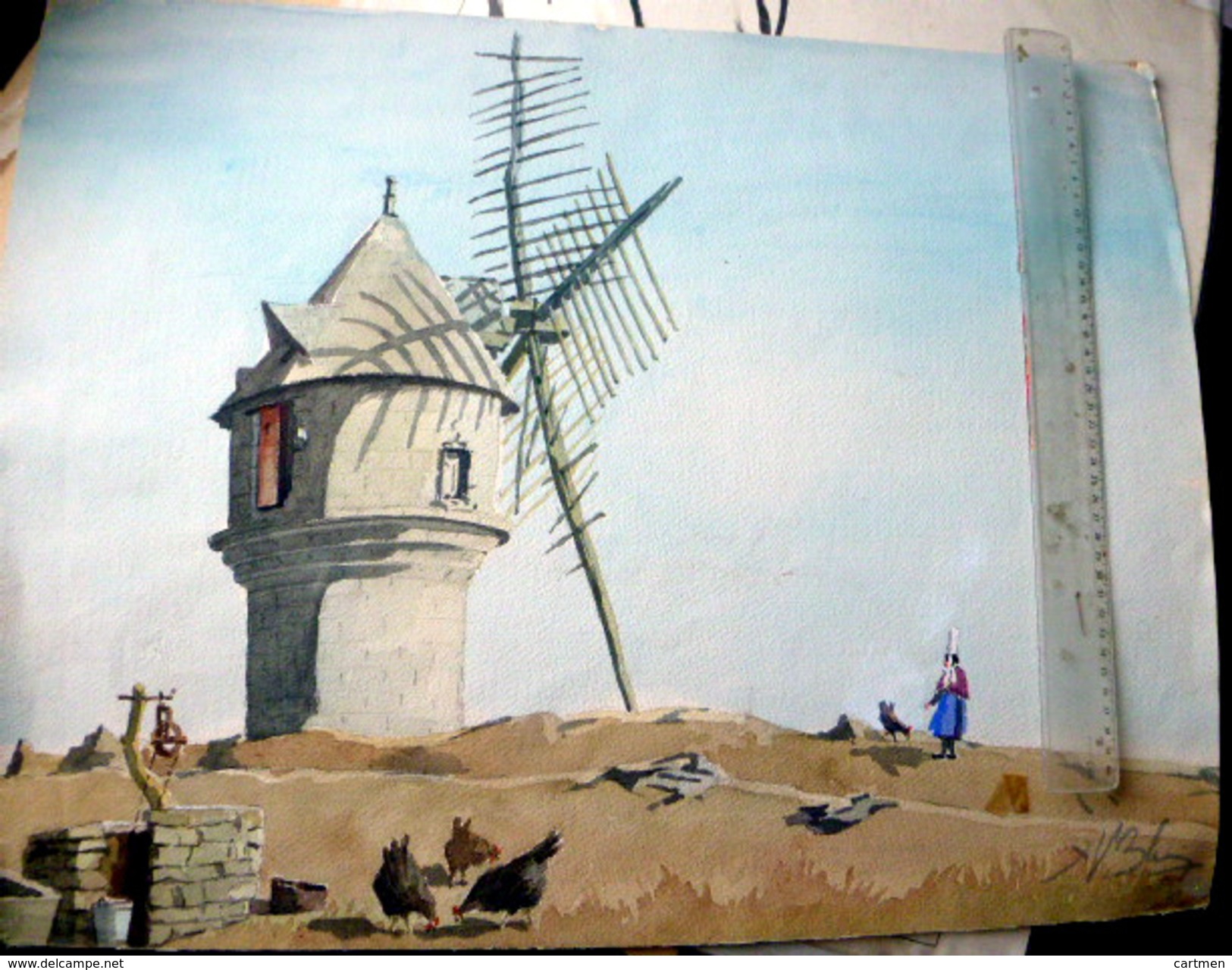 AQUARELLE GRANDE COMPOSITION AQUARELLEE REPRESENTANT UN PAYSAGE PROVENCAL OU BRETON AVEC UN IMPOSANT MOULIN SIGNEE - Autres & Non Classés