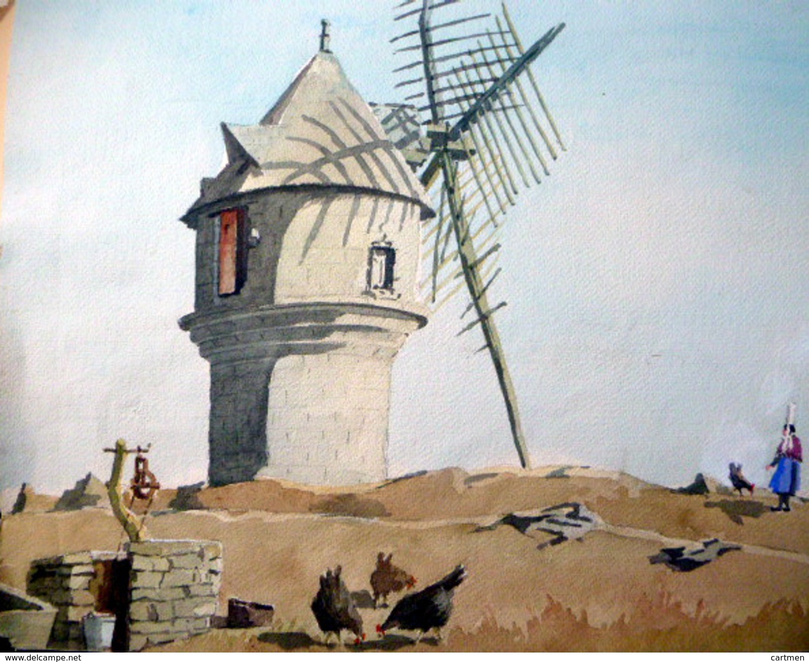 AQUARELLE GRANDE COMPOSITION AQUARELLEE REPRESENTANT UN PAYSAGE PROVENCAL OU BRETON AVEC UN IMPOSANT MOULIN SIGNEE - Autres & Non Classés