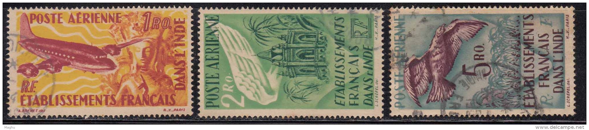 Air Used Set Of 3, French India 1949, Ship, Airplane, Eagle Bird, Palm Trees, France Colony - Used Stamps