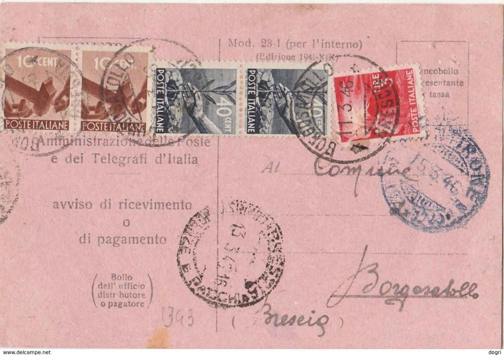 1946 Avviso Di Ricevimento Con Democr. 3L.+2x10+2x40c. - 1946-60: Storia Postale