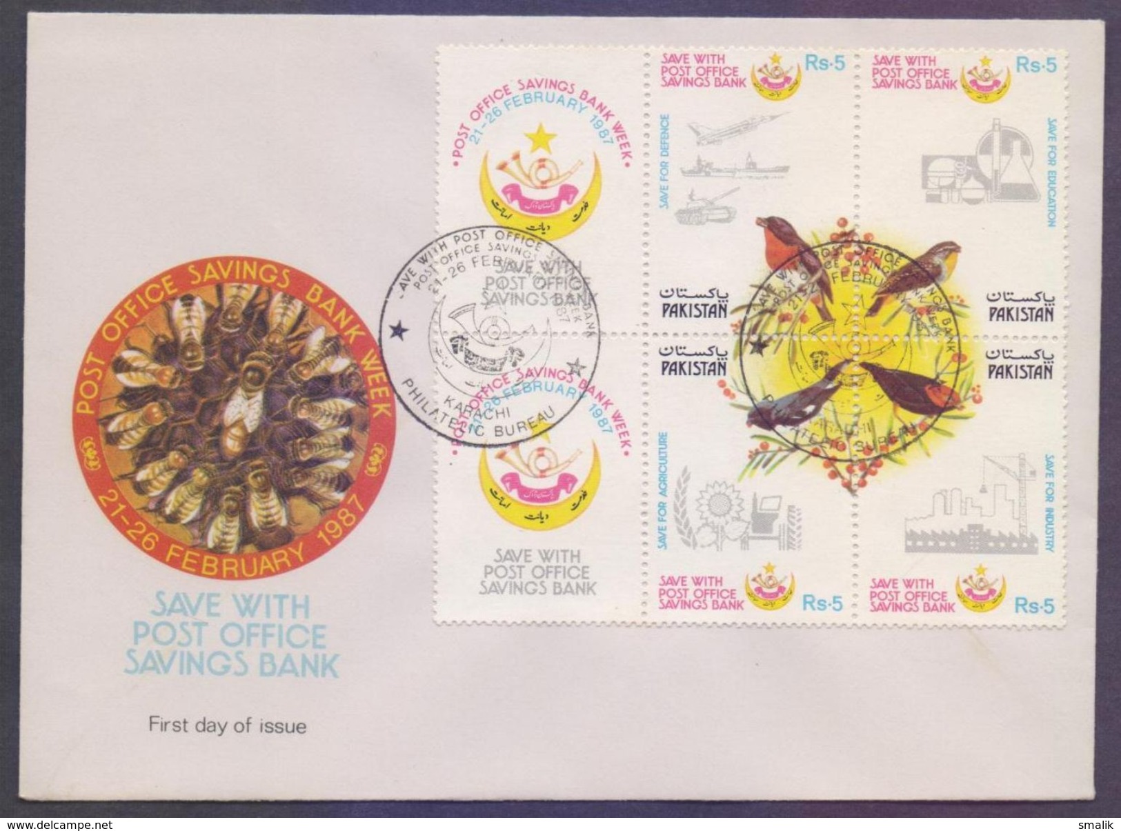 PAKISTAN 1987 FDC - Save With Post Office Savings Bank, Birds, Complete Set With Side Labels On FDC - Pakistan