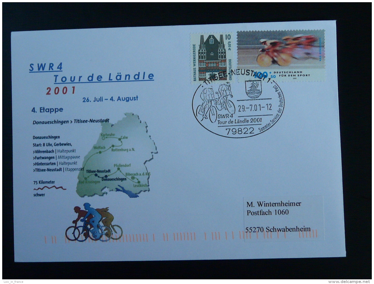 Lettre Cover Cyclisme Course Cycliste Cycling Race Tour De Landle Titisee Allemagne Germany 2001 - Cyclisme