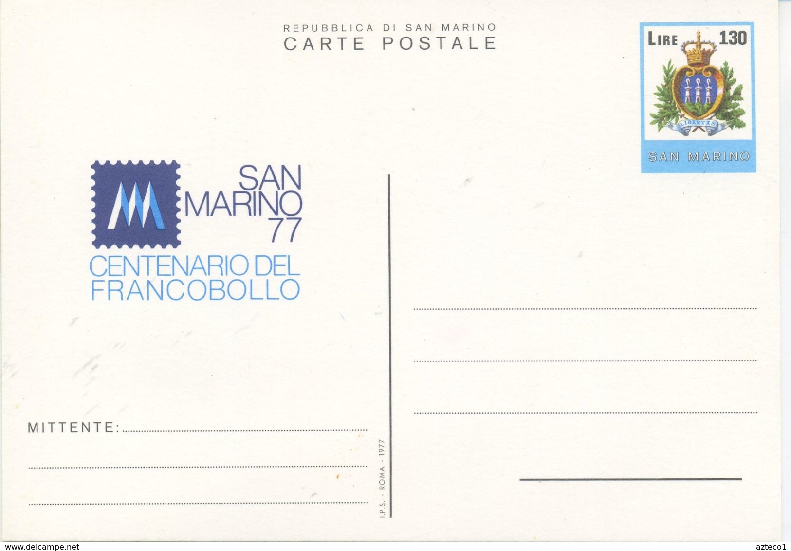 SAN MARINO - CARTOLINA POSTALE  1977 - CENTENARIO DEL FRANCOBOLLO LIRE 130 - Postwaardestukken