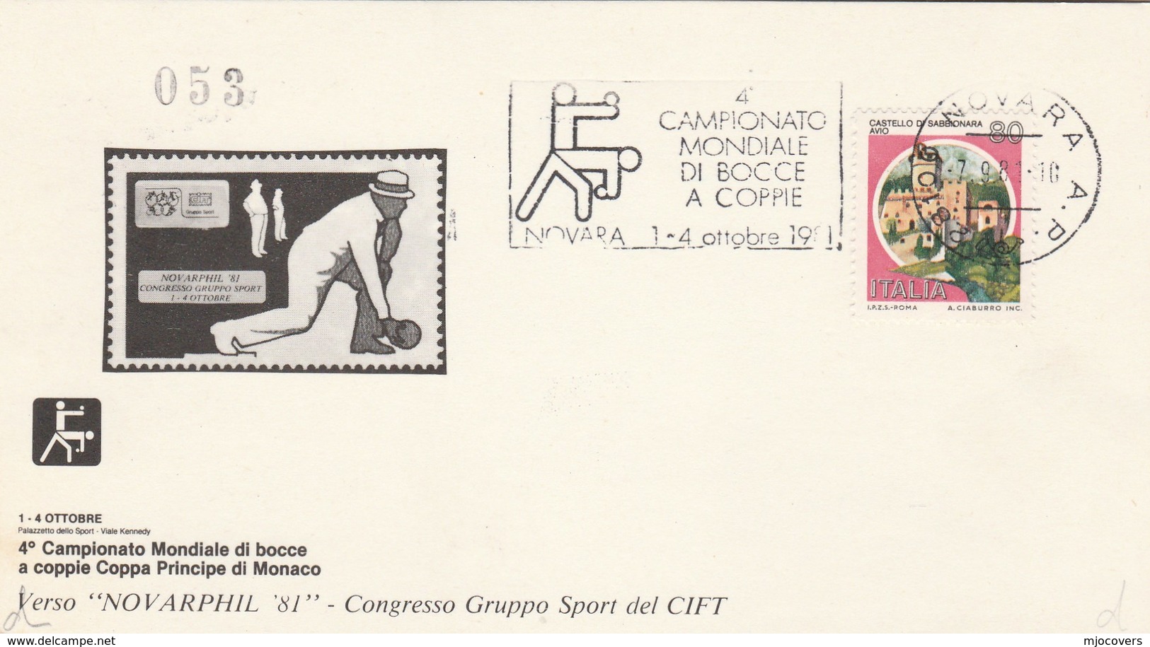 1981 ITALY World PAIR BOWLS CHAMPIONSHIP EVENT COVER  Card Sport Stamps Bowling - Bowls