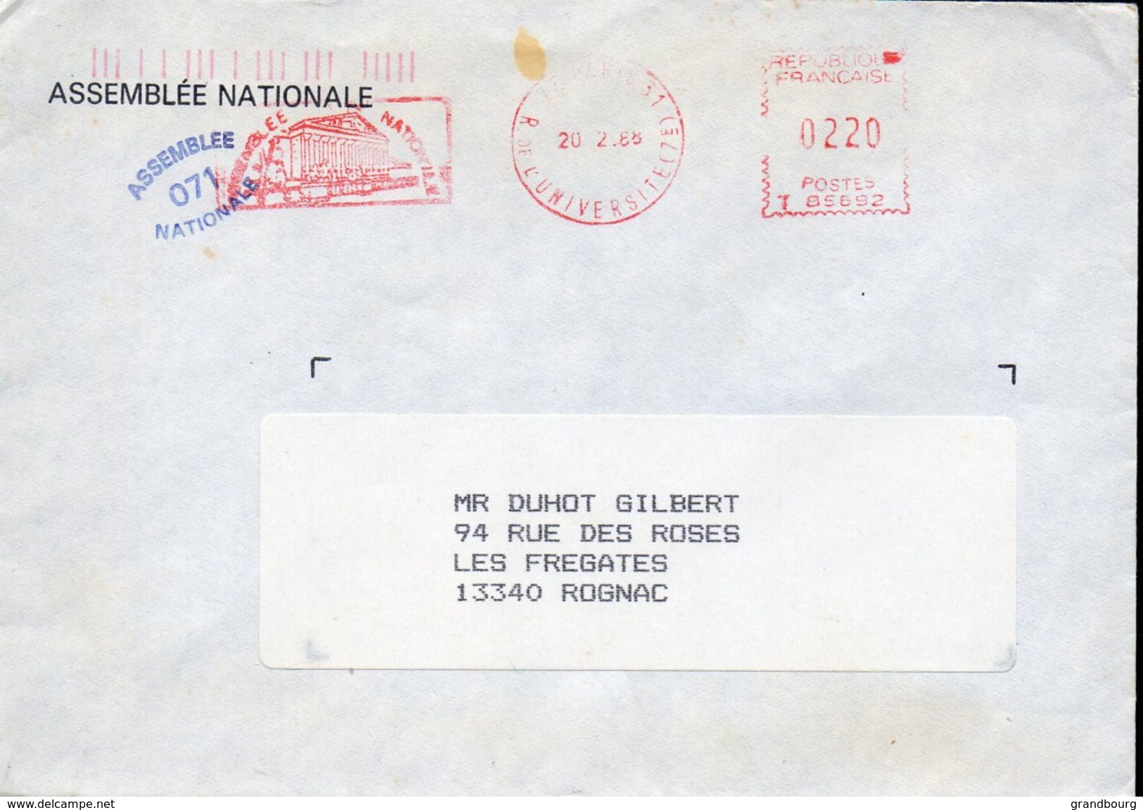 2- FRANCE Enveloppe Avec Cachet ASSEMBLEE NATIONALE 071 - 1965 - Andere & Zonder Classificatie