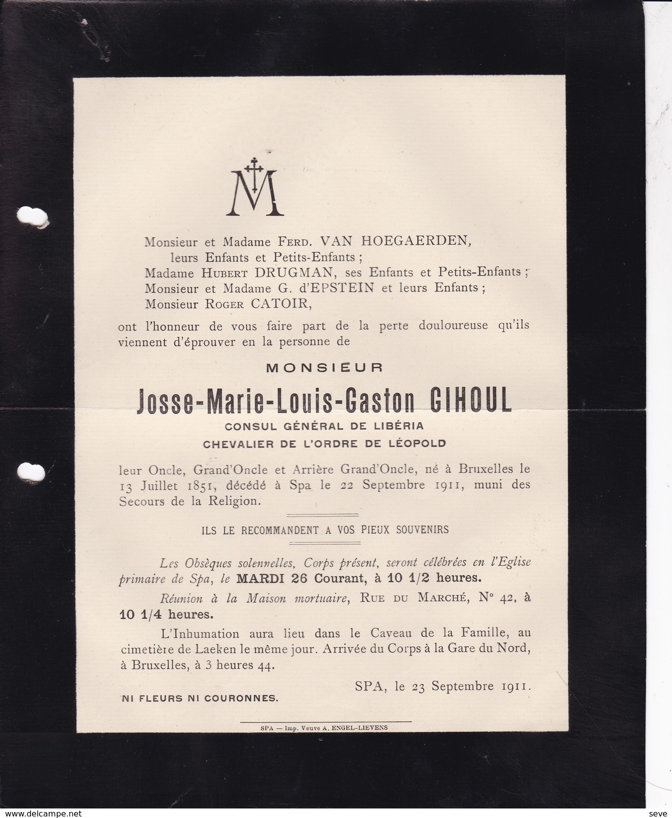BRUXELLES SPA Josse GIHOUL Consul Du Libéria 1851-1911 Famille VAN HOEGAERDEN DRUGMAN D'EPSTEIN - Décès