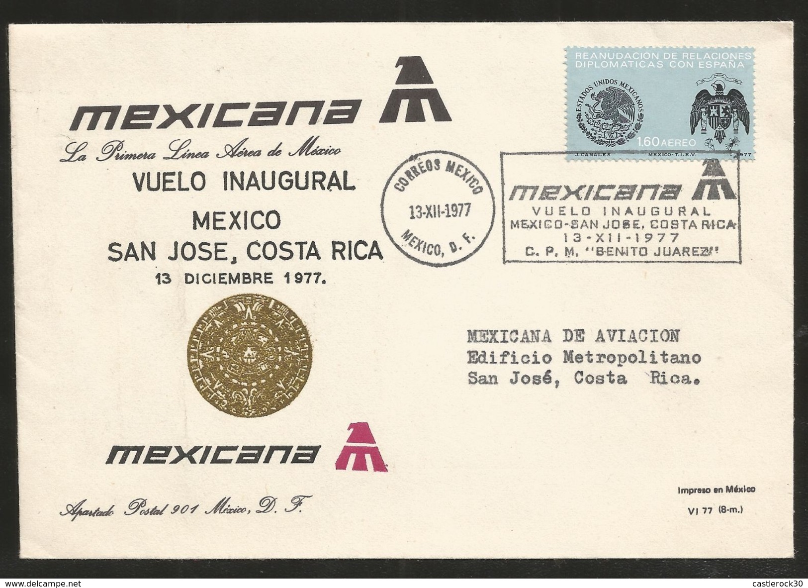J) 1977 MEXICO, INAUGURAL FLIGHT, MEXICO-SAN JOSE, COSTA RICA, RESUMING DIPLOMATIC RELATIONS WITH SPAIN, EMBLEM AND SHIE - Mexico