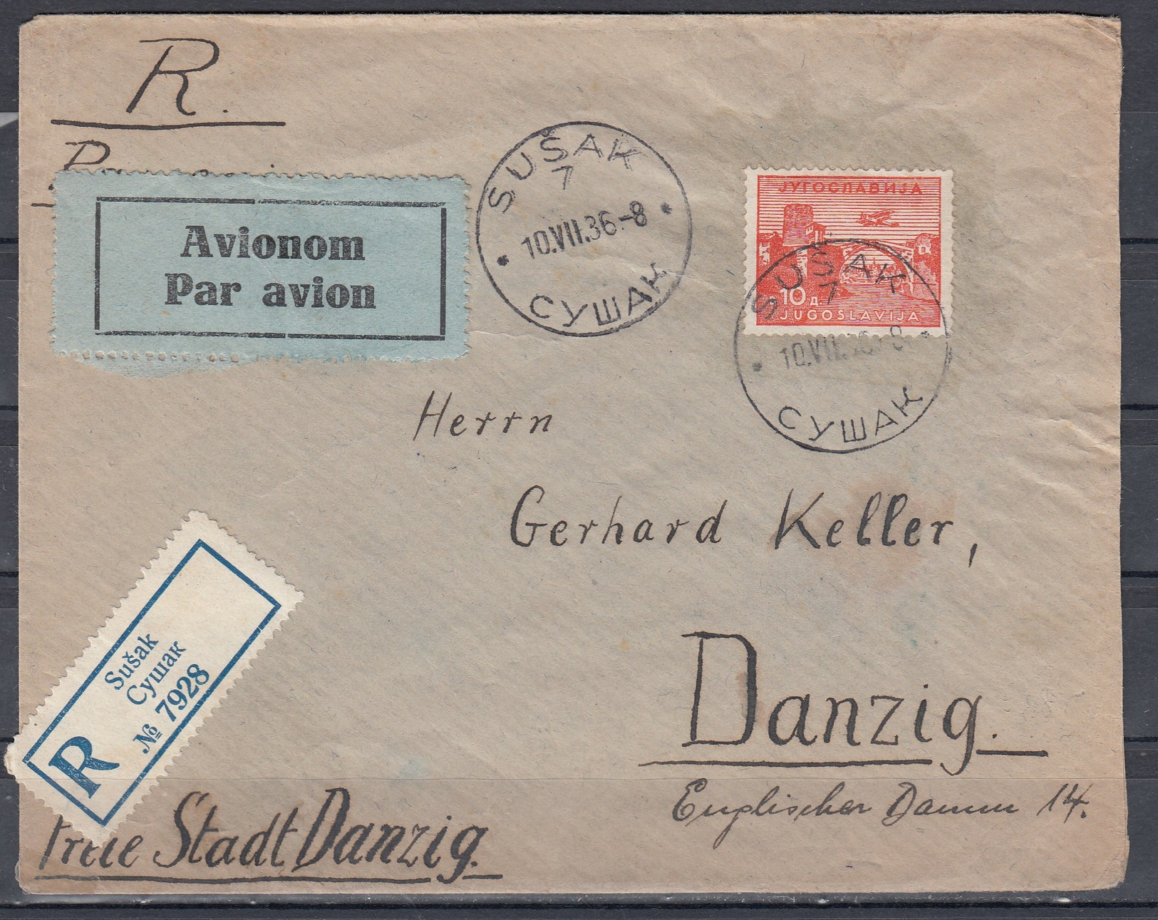 Jugoslawien R-Luftpostbrief Cymak 10.VII.36 Mit 1x 282 Nach Danzig - Briefe U. Dokumente