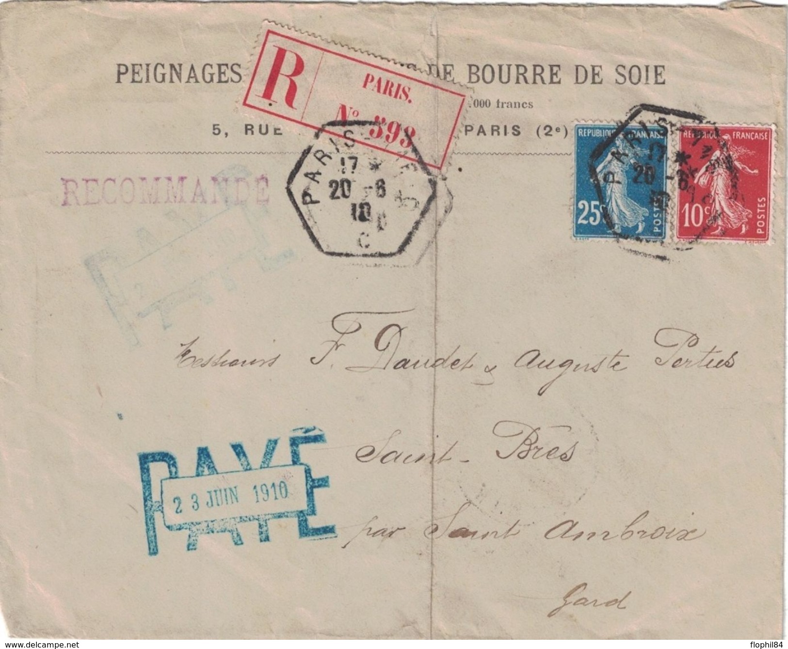 PARIS - RECETTE AUXILIAIRE DU 20-6-1910 - AFFRANCHISSEMENT SEMEUSE 35c -ENTETE PEIGNAGE FILATURE DE BOURRE DE SOIE (P1) - Postal Rates