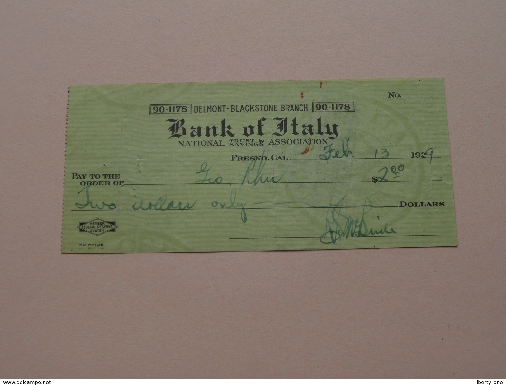 FRESNO California - BANK Of ITALY ( Order ) Belmont - Blackstone Branch - Anno 1929 ( Zie Foto Details ) !! - Estados Unidos