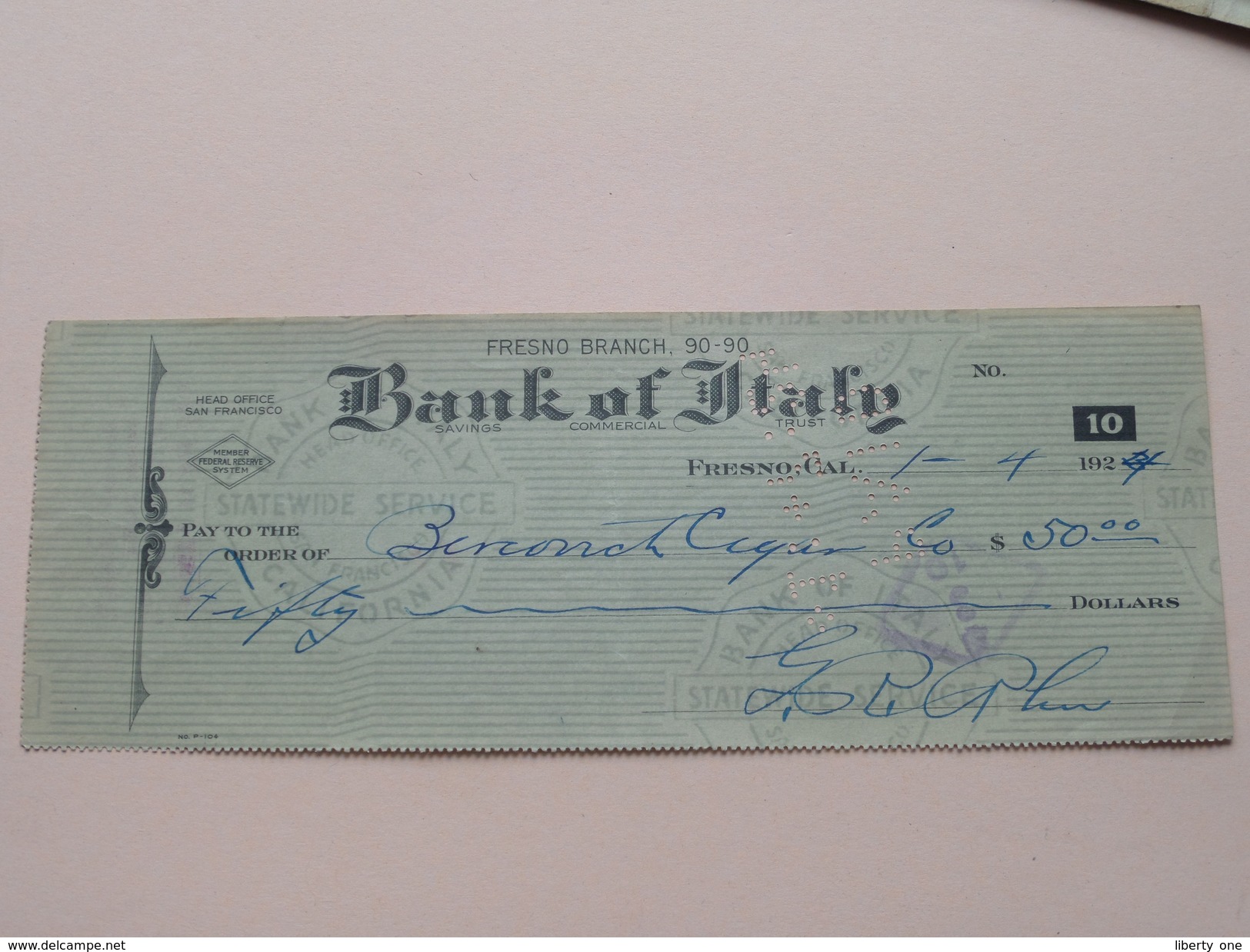 FRESNO California - BANK Of ITALY ( Order ) Fresno Branch - Anno 1924 ( Zie Foto Details ) !! - Etats-Unis