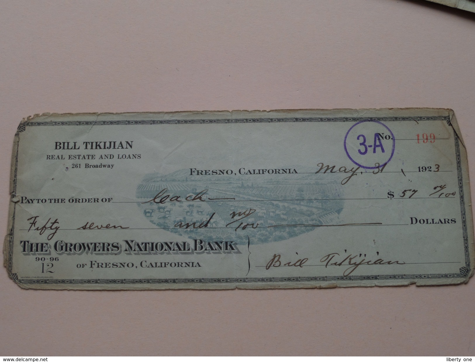 FRESNO California - The GROWERS National Bank ( Order ) BILL TIKIJIAN Real Estate - Anno 1923 ( Zie Foto Details ) !! - Estados Unidos