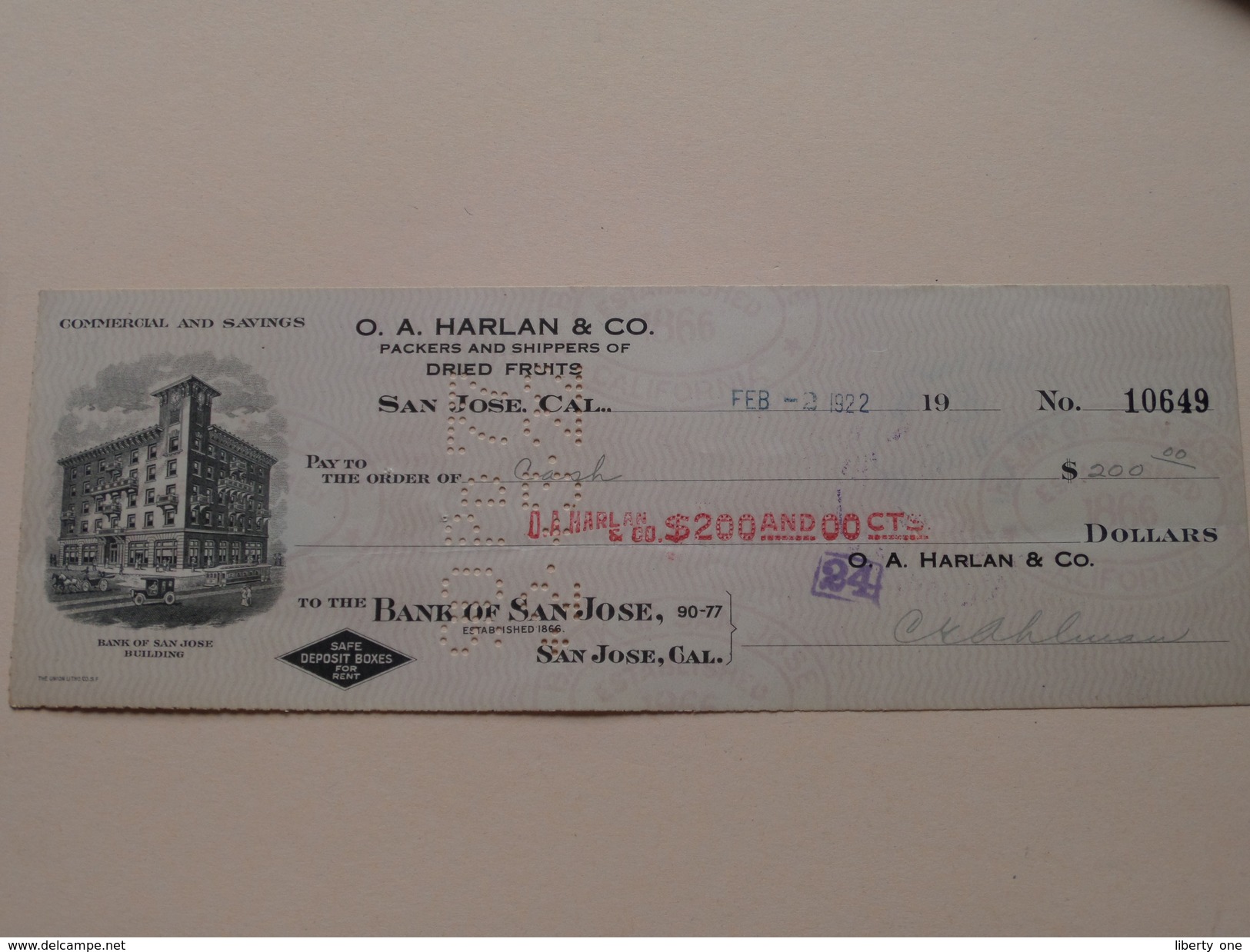 SAN JOSE California - Bank Of SAN JOSE ( Order ) O.A. HARLAN & C°  - Anno 1922 ( Zie Foto Details ) !! - Verenigde Staten