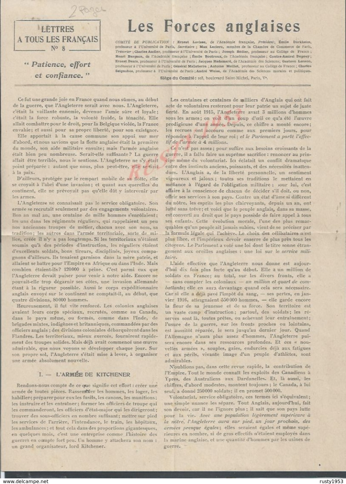 MILITARIA 14/18 LETTRE À TOUS LES FRANÇAIS LES FORCES ANGLAISES L. CAZAMIAN SUR COUPURE DE PRESSE 2 PAGES : - 1914-18