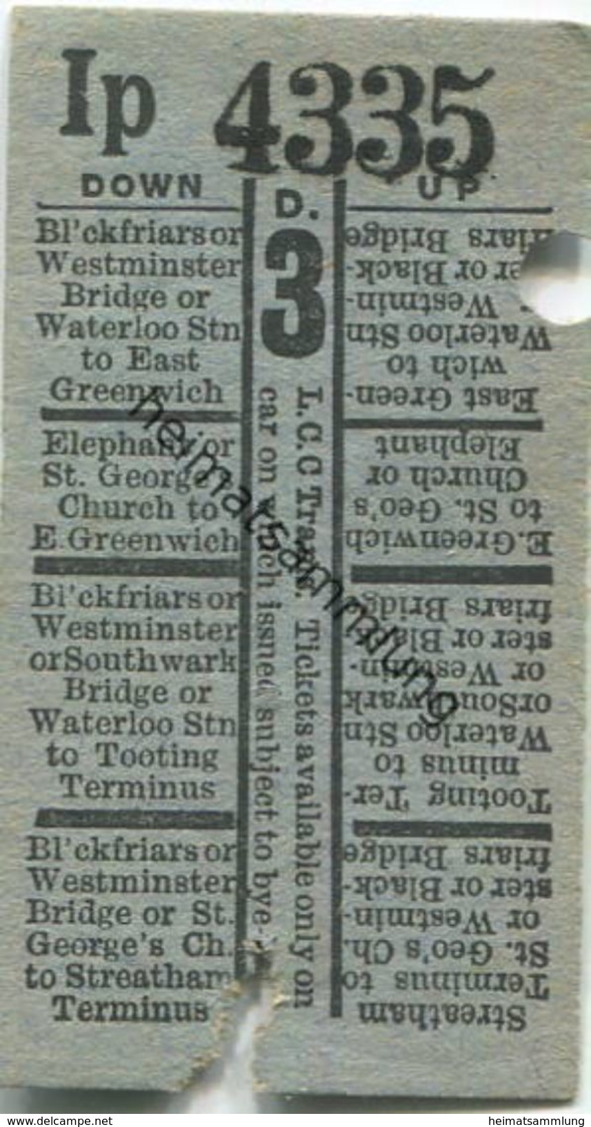 England - London - London County Council Tramways L.C.C. Trams - Ticket - Fahrschein - Europa