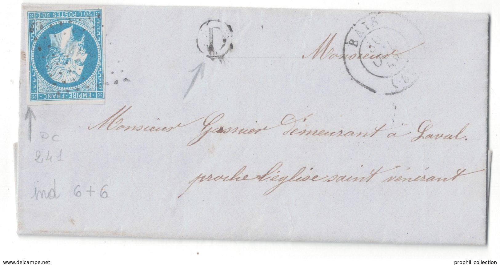 1864 - CACHET BOITE RURALE IDENTIFIÉE (HAMBERS) LETTRE LAC PC 241 CAD BAIS MAYENNE Pour LAVAL (PROCHE DE L'EGLISE...) - 1849-1876: Période Classique