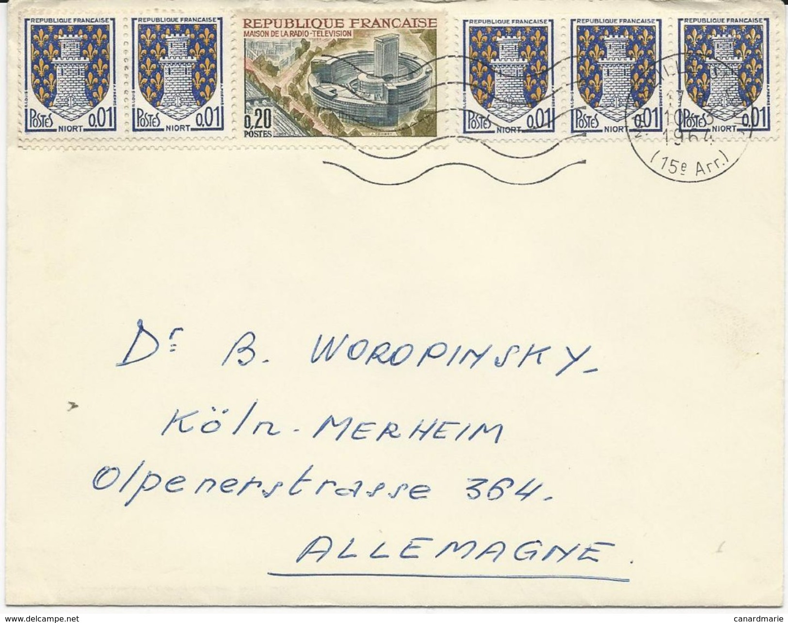 LETTRE POUR L'ALLEMAGNE 1964 AVEC 6 TIMBRES BLASON DE NIORT/MAISON DE LA RADIO - 1961-....