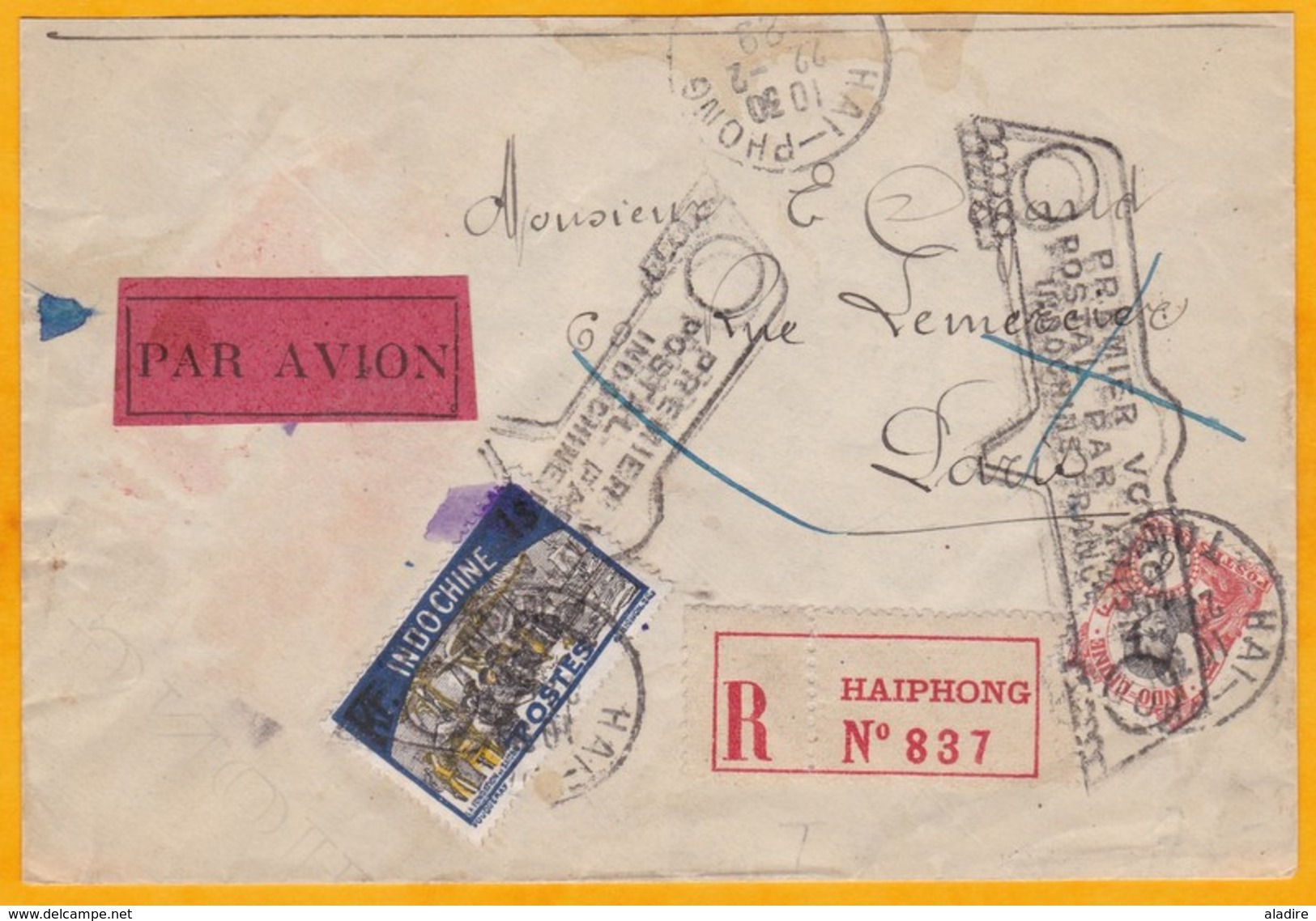 1929 - Enveloppe Recommandée Par Avion De Haiphong Vers Paris  Via Saigon - 1er Vol Postal Indochine France - Lettres & Documents