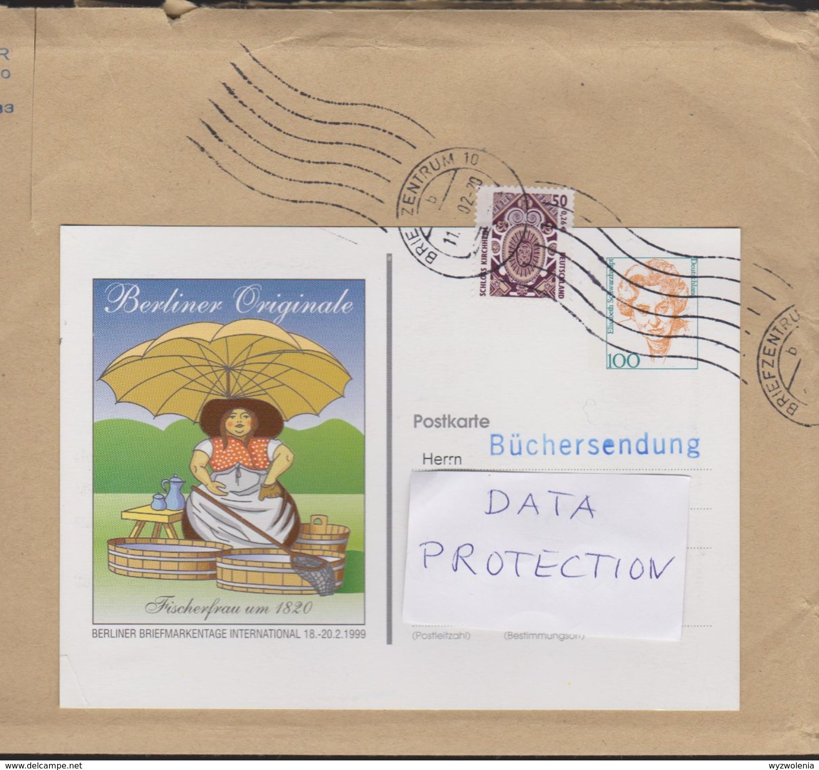 B 562) Deutschland 1999 Privat-Ganzsache Berlin Fischerfrau: Auffrankierte Büchersendung 2002 BZ 10 (Großbrief B5) - Private Postcards - Used