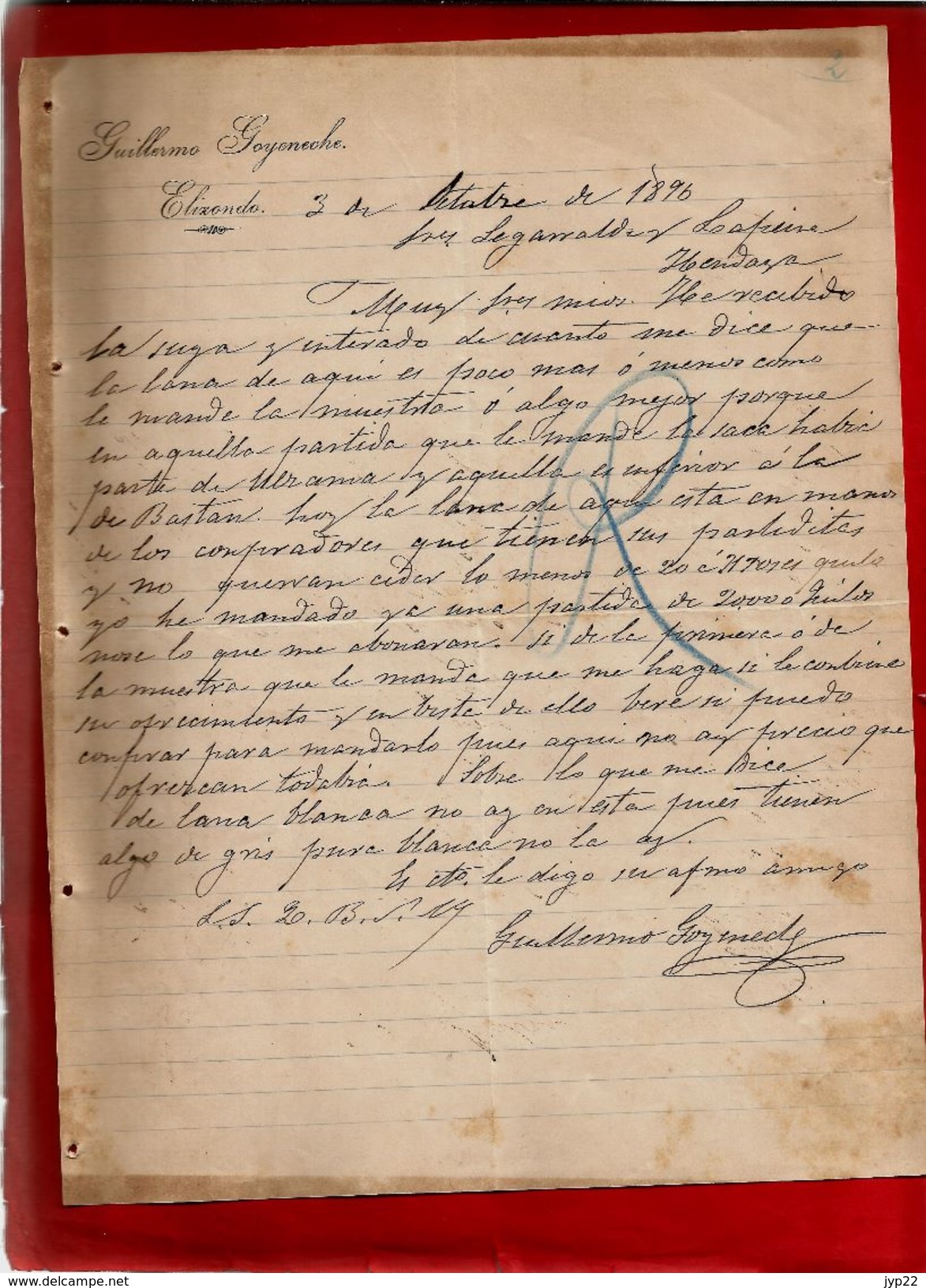 Courrier Espagne Guillermo Goyeneche Elizondo 3-?-1896 - écrit En Espagnol - Espagne