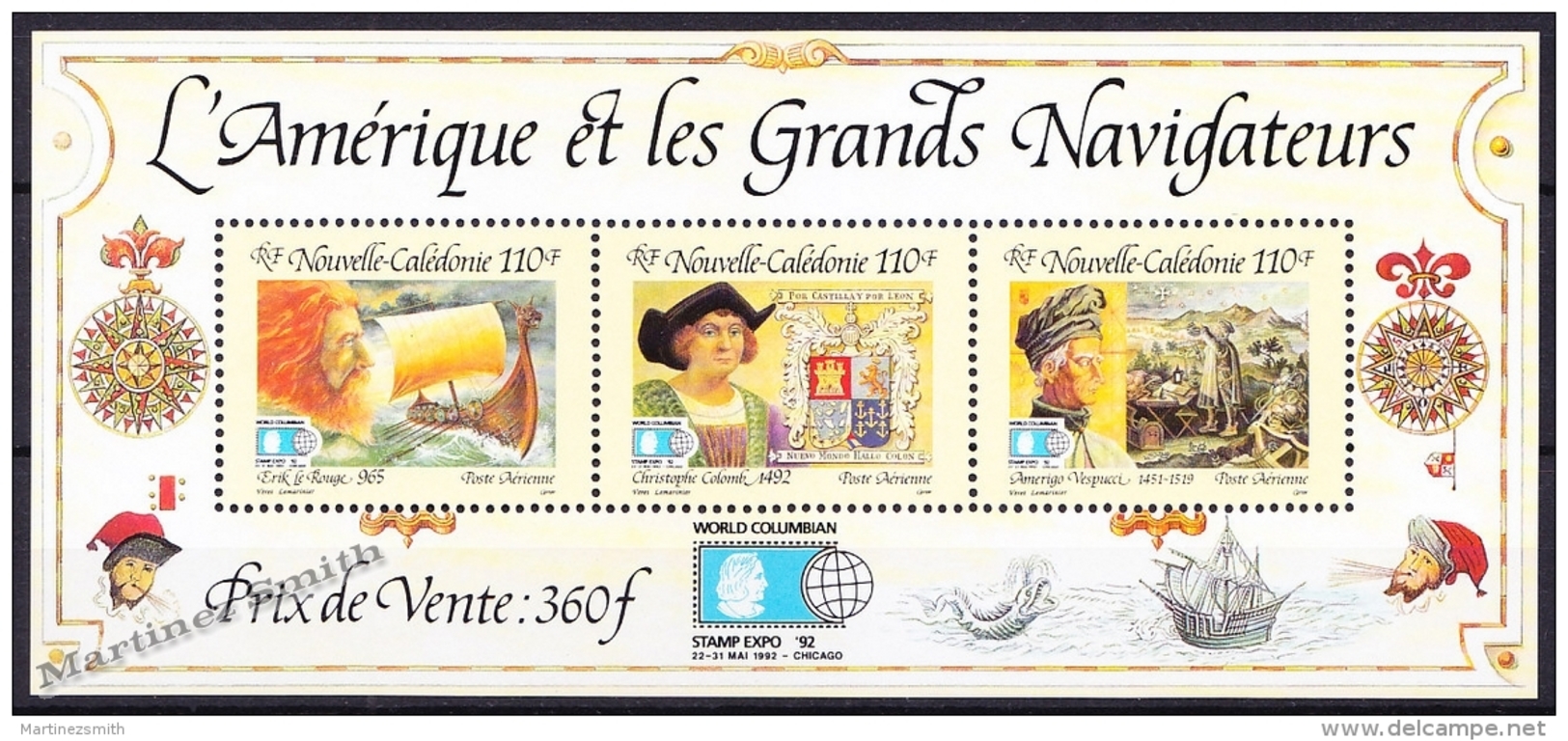 New Caledonia - Nouvelle Calédonie 1992 Yvert BF-14 America &amp; Great Navigators - MNH - Miniature Sheet - Hojas Y Bloques