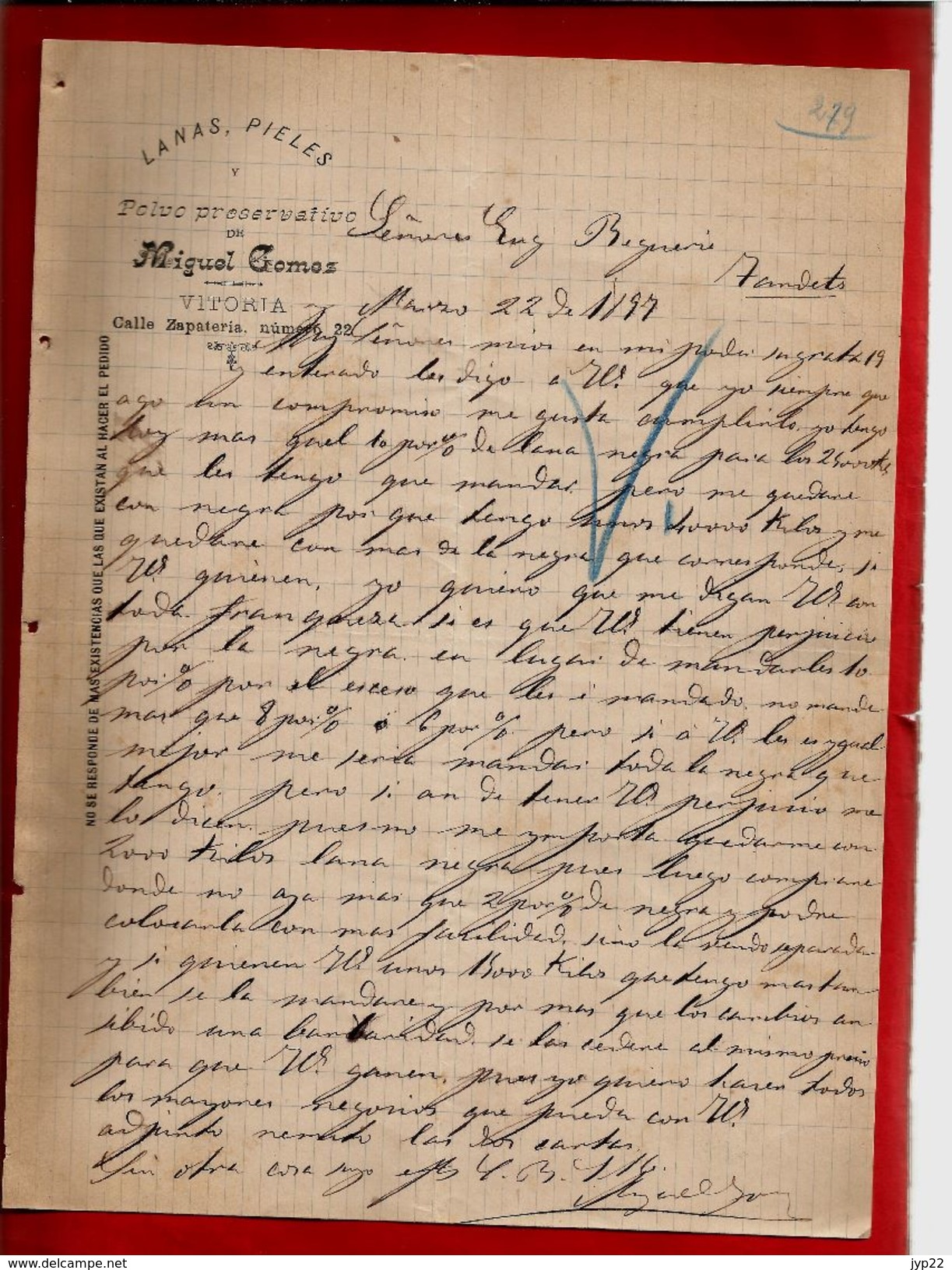 Courrier Espagne Lanas Pieles Y Polvo Preservativo Miguel Gomez Vitoria 22-?-1897 - écrit En Espagnol - Espagne