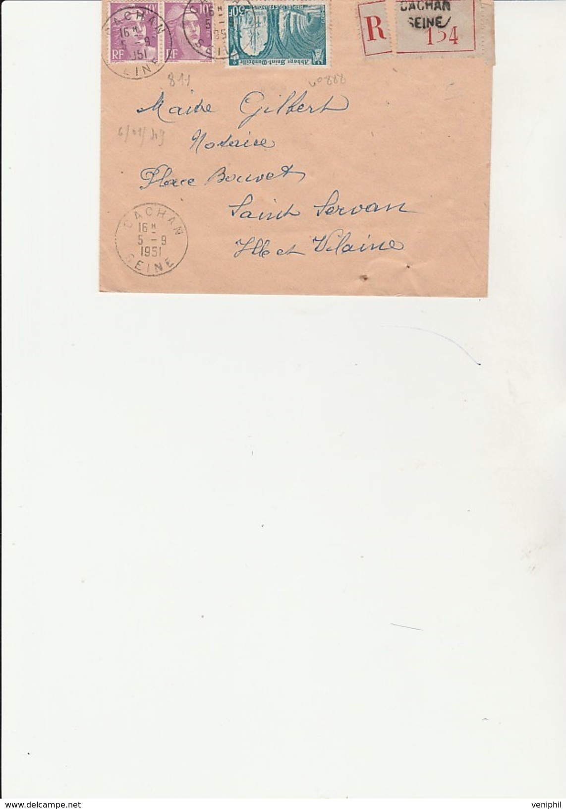 LETTRE RECOMMANDEE AFFRANCHIE PAIRE N° 811 + N°888  - OBLITEREE CACHAN -SEINE  5-9-1951.CAD  AU DOS ST SERVAN SUR MER -I - 1921-1960: Période Moderne