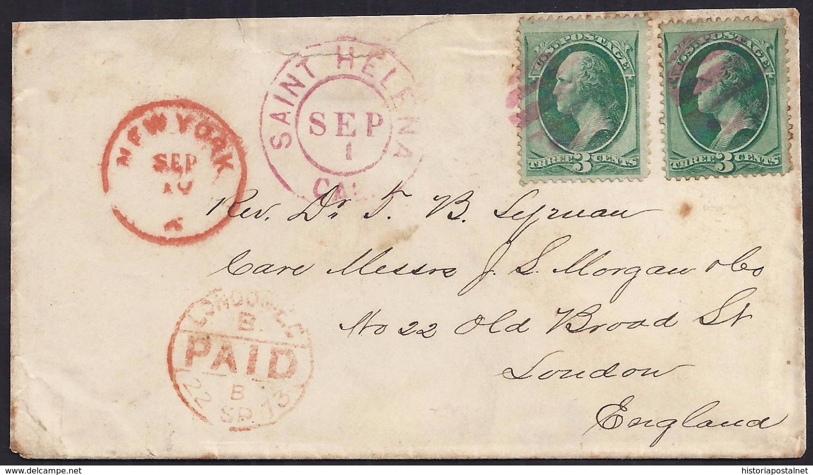 1873. SAINT HELENA (CALIFORNIA) TO ENGLAND. PMK IN VIOLET. VERY FINE AND PRETTY COVER. - Andere & Zonder Classificatie