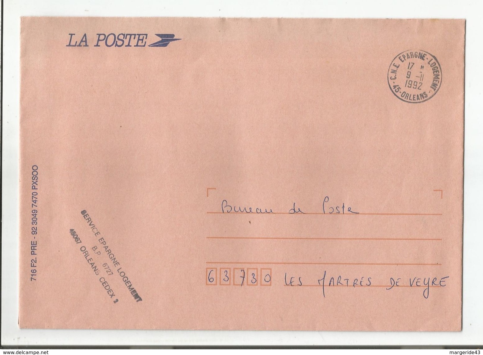 OBLITERATION MANUELLE + GRIFFE SUR LETTRE DE SERVICE CNE EPARGNE LOGEMENT ORLEANS LOIRET 1992 - 1961-....