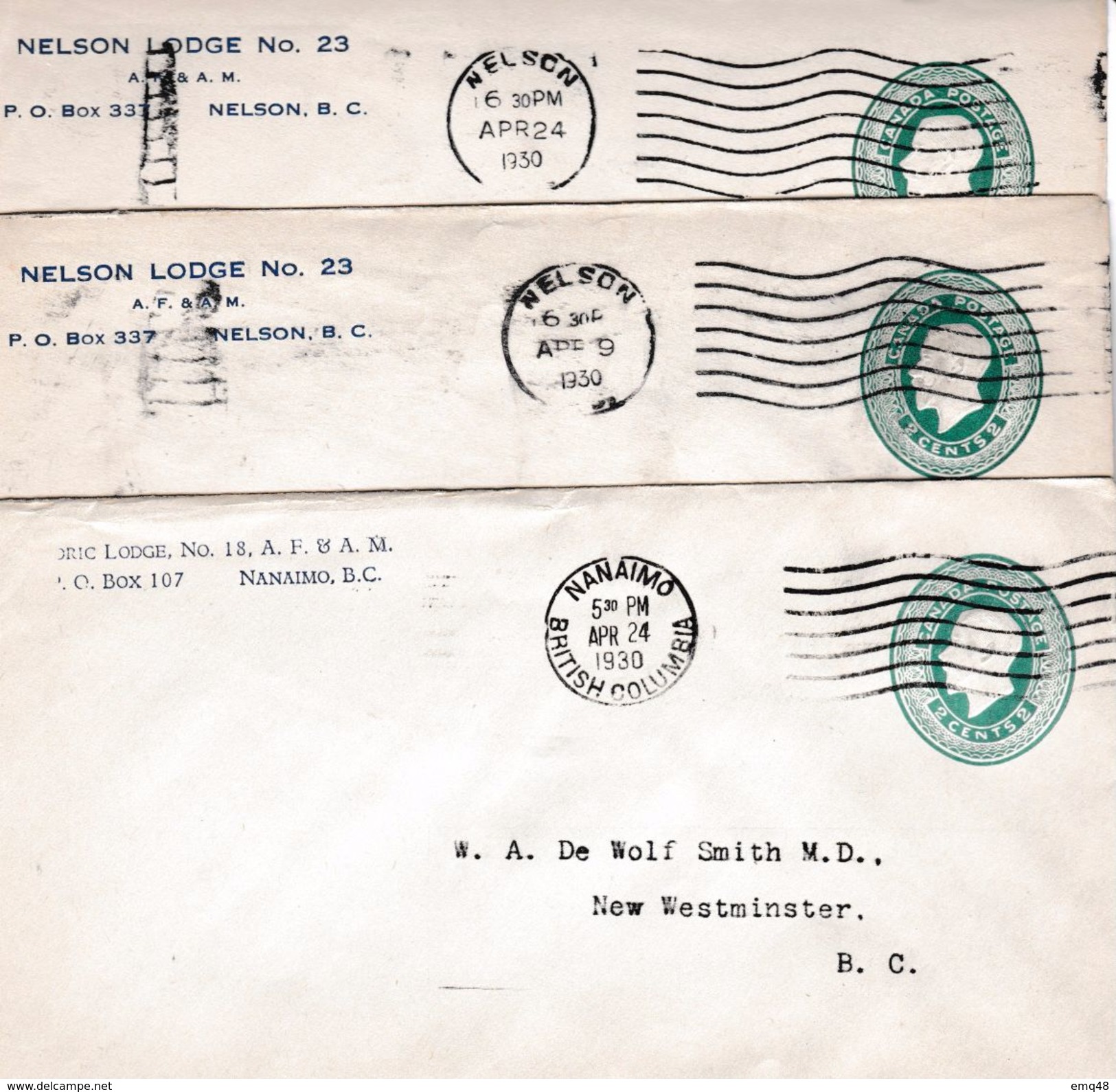 61 - FRANC-MAÇONNERIE (MASONIC) : Entier Postal Canadien Maçonnique De 1930. Trois Loges Différentes ! - Francmasonería