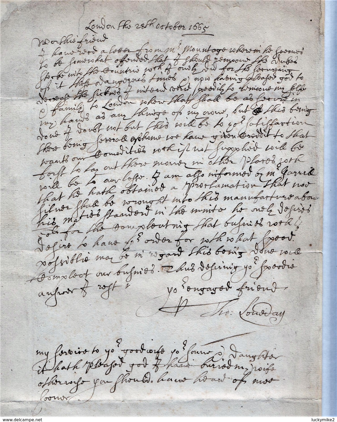 1665 'plague' Letter From "Tho.Loveday, London" To "Henrie Brandreth, Dunstable" With 'OC/29' Bishop Mark.  Ref  0447 - Postmark Collection