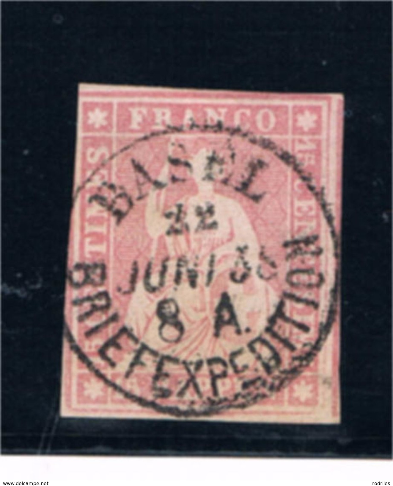 Suiza. Sello De 15 R. Rosa Sin Dentar Con Fechador BASEL. Ivert Nº 28 - Used Stamps