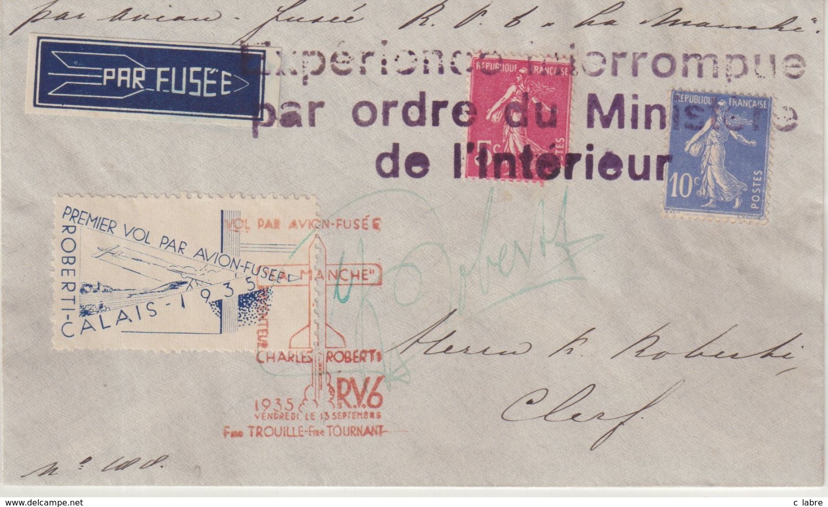 FRANCE : TYPE SEMEUSE . VOL PAR FUSEE . VOL INTERROMPU . SIGNE ROBERTI . 1935 . - 1960-.... Briefe & Dokumente