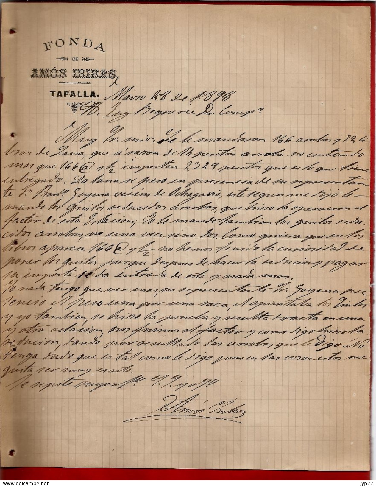 Courrier Espagne Fonda De Amos Iribas Tafalla 28-03?-1898 - écrit En Espagnol - Spain