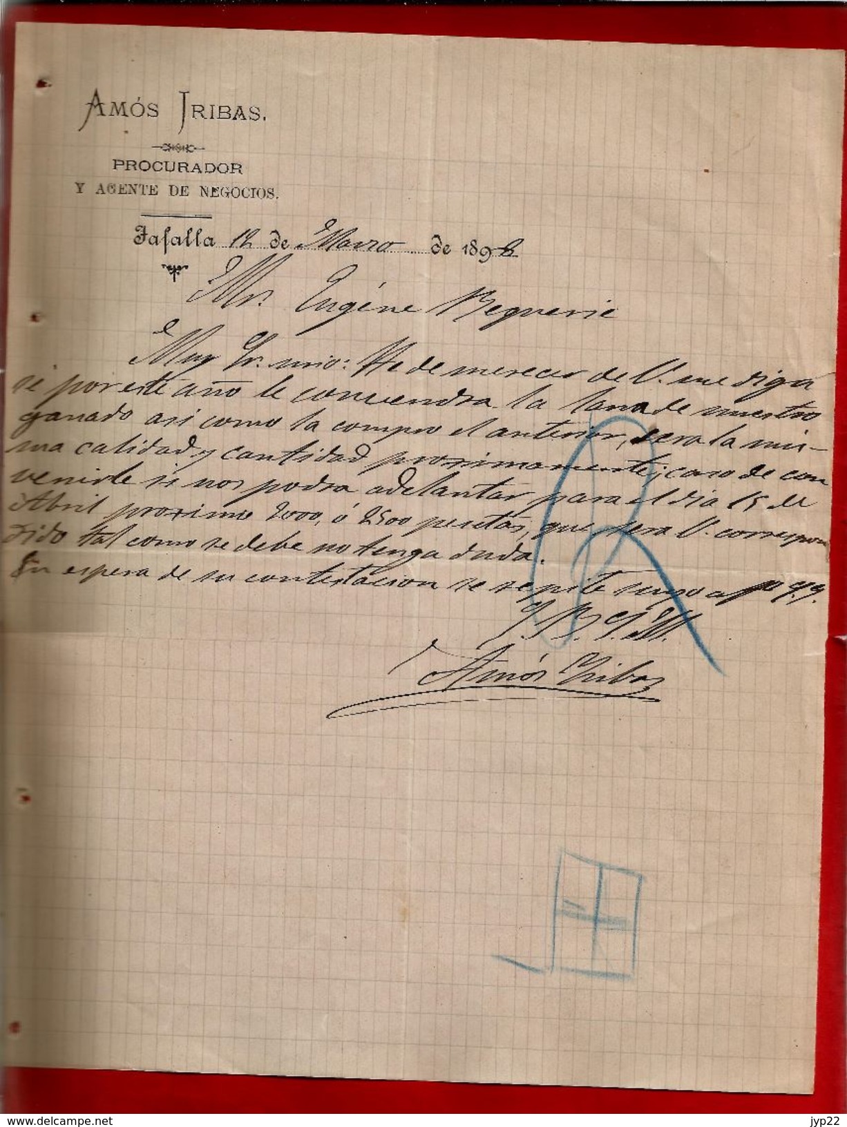 Courrier Espagne Amos Iribas Procurador Y Agente De Negocios Tafalla 12-03?-1898 - écrit En Espagnol - Espagne