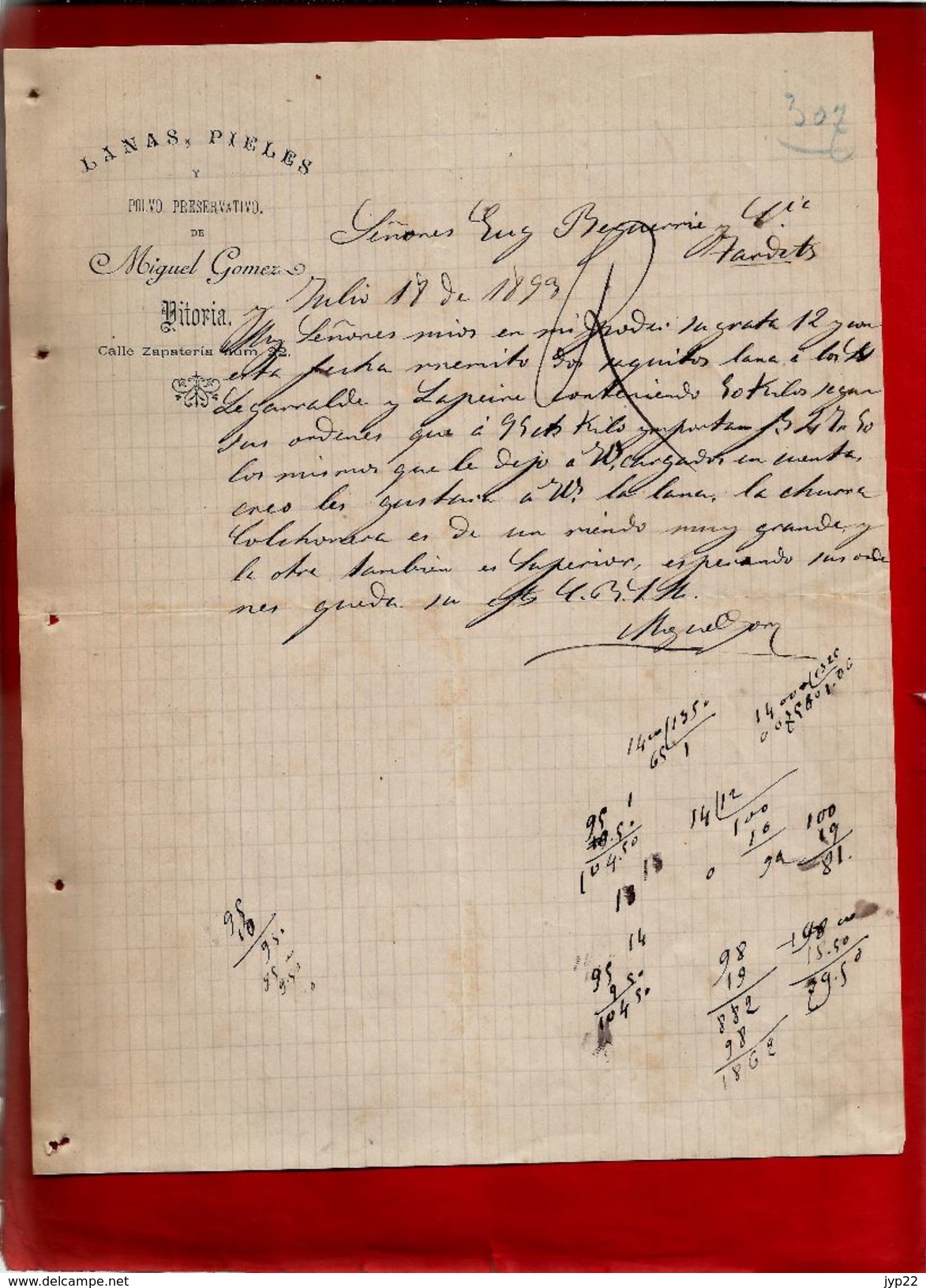 Courrier Espagne Lanas Pieles Y Polvo Preservativo Miguel Gomez Vitoria 18-07-1893 ? - écrit En Espagnol - Spain