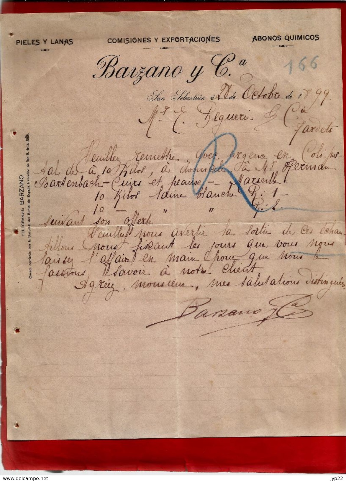 Courrier Espagne Lanas Y Pieles Barzano San Sebastian 28-10-1899 - écrit En Français - Espagne