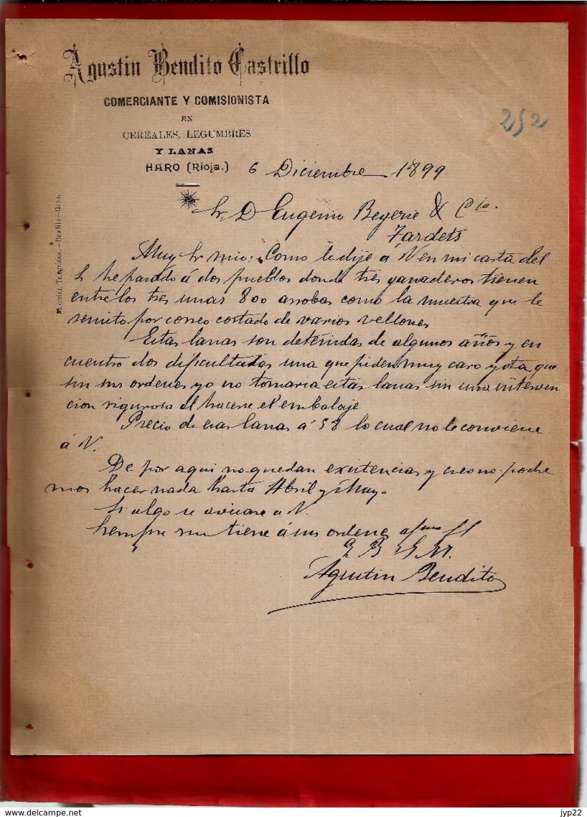 Courrier Espagne Agustin Bendito Castrillo Commerce Céréale Légumes Y Lanas Haro Rioja 6-12-1899 - écrit En Espagnol - Espagne