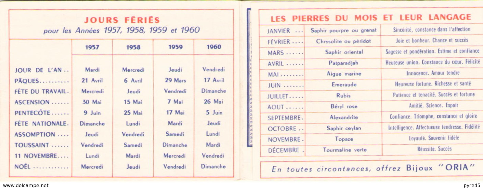 Calendrier Publicitaire Bijoux Oria Année 1957 - Formato Piccolo : 1941-60