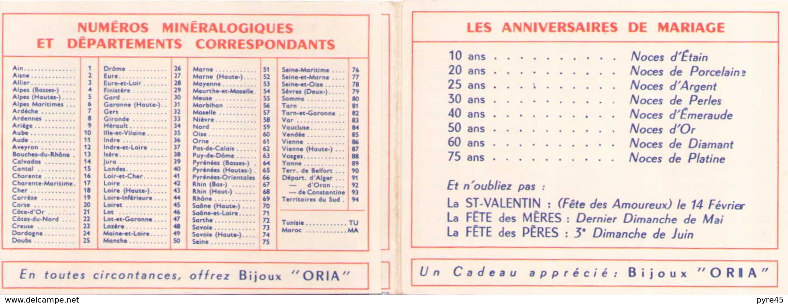 Calendrier Publicitaire Bijoux Oria Année 1957 - Petit Format : 1941-60