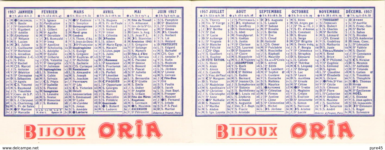 Calendrier Publicitaire Bijoux Oria Année 1957 - Tamaño Pequeño : 1941-60