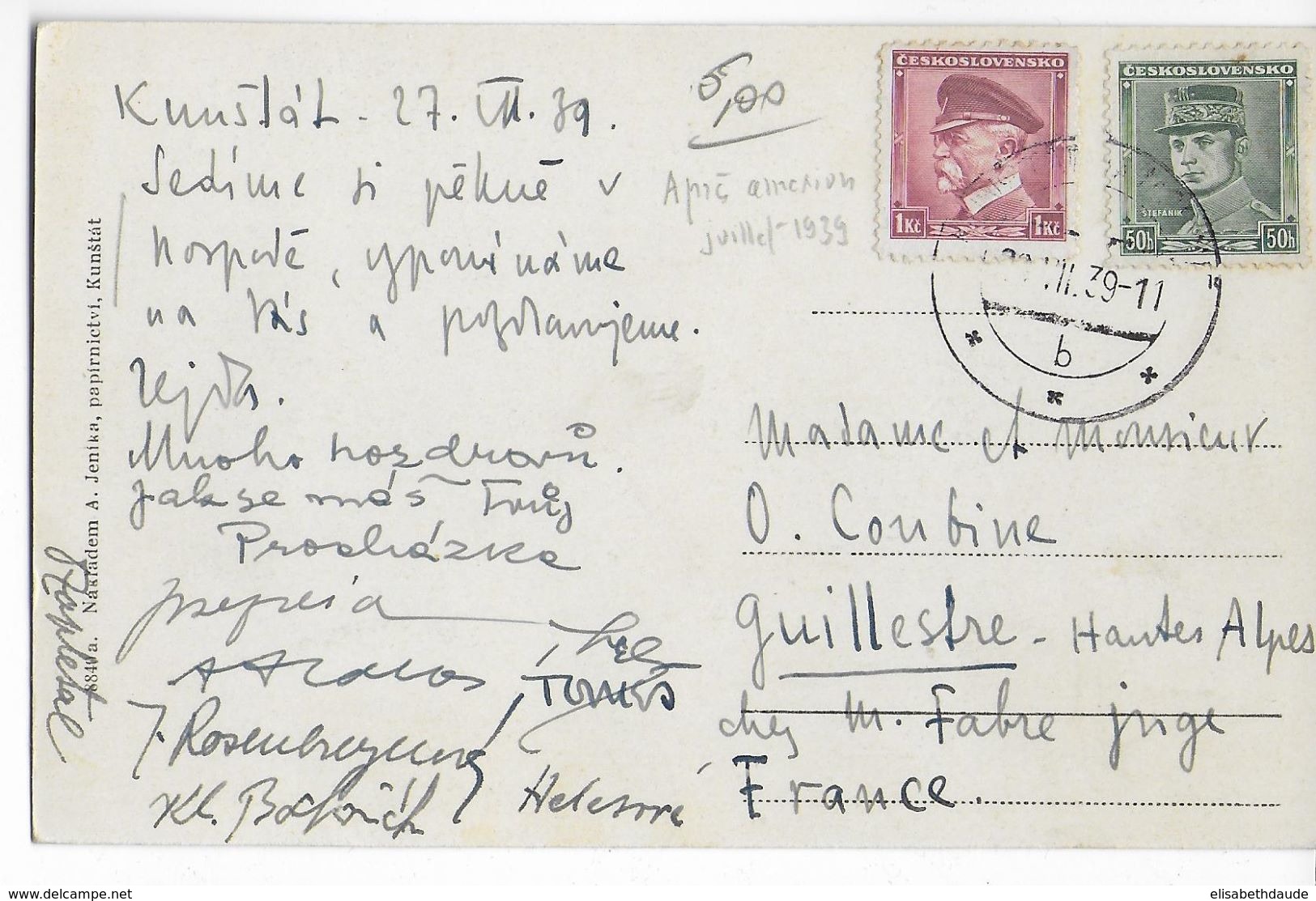 1939 - PRECURSEUR BOHEME-MORAVIE - UTILISATION TIMBRES TCHEQUES Sur CP De KUNSTAT => FRANCE - Lettres & Documents