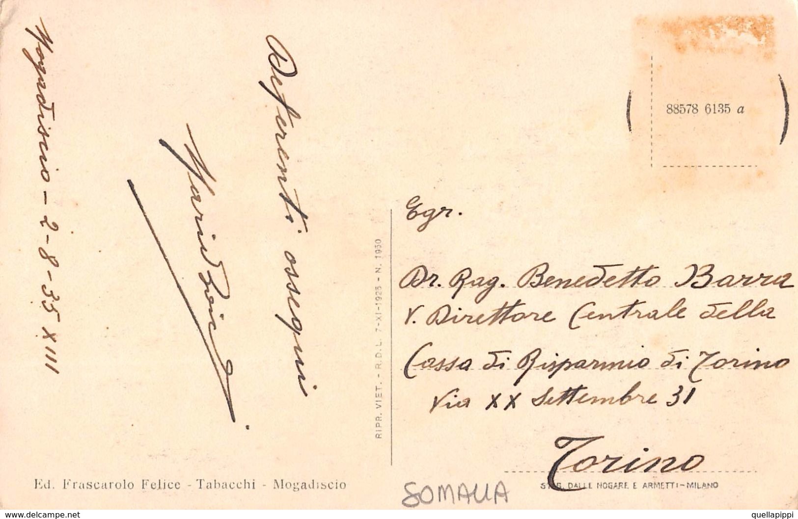 06679 "SOMALIA - MODADISCIO - CASERMA CAROLEI" ANIMATA. CART SPED 1935 - Somalie