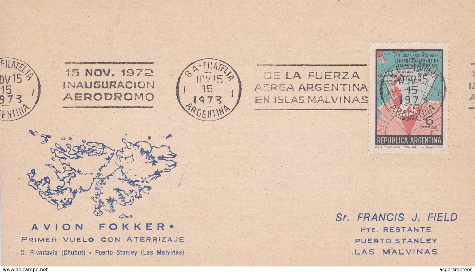 POLO SUR/SOUTH POLE/PÔLE SUD L'ARGENTINE - INAGURACION AERODROMO ISLAS MALVINAS 1973-CARD-  BLEUP - Otros & Sin Clasificación