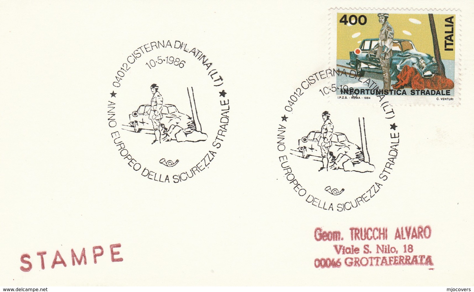 1986 Cisterna EUROPEAN ROAD SAFETY EVENT COVER Stamps Card Car Cars Italy - Accidents & Road Safety