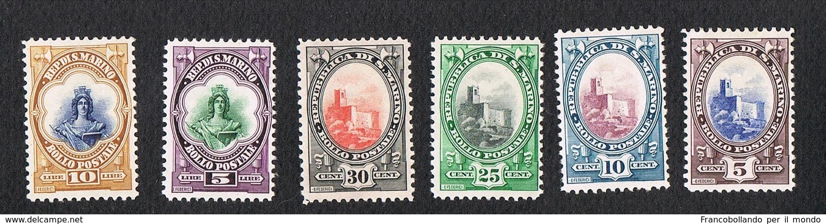 STATE OF SAN MARINO   SAN MARINO 1929  SERIE VEDUTE PALAZZI E BUSTI LIBERTY  MH  E MNH ** 5,10,25,30 C. 5,10 LIRE - Nuovi