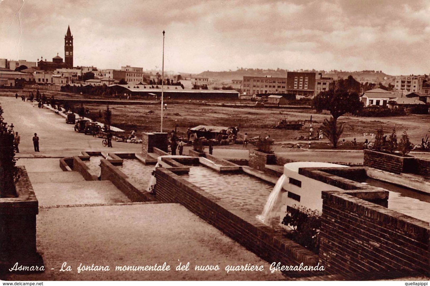 06687 "ERITREA - ASMARA - LA FONTANA MONUMENTALE DEL NUOVO QUARTIERE GHEZZABANDA"  ANIMATA, VERA FOTO  CART SPED 1939 - Eritrea