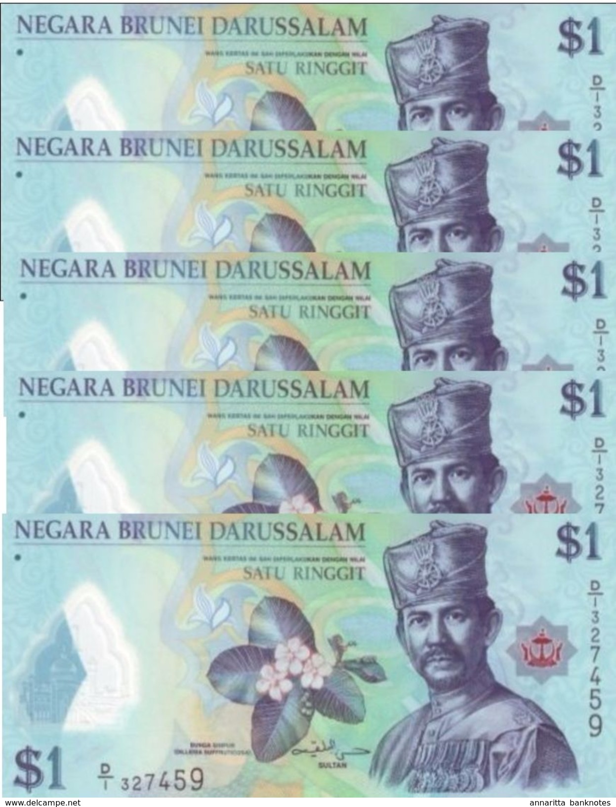 BRUNEI 1 DOLLAR 2011 P-35a UNC 5 PCS [BN301a] - Brunei